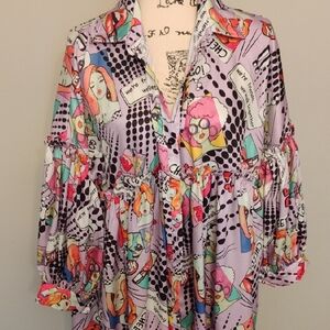 Colorful Graphic Button-Up Blouse